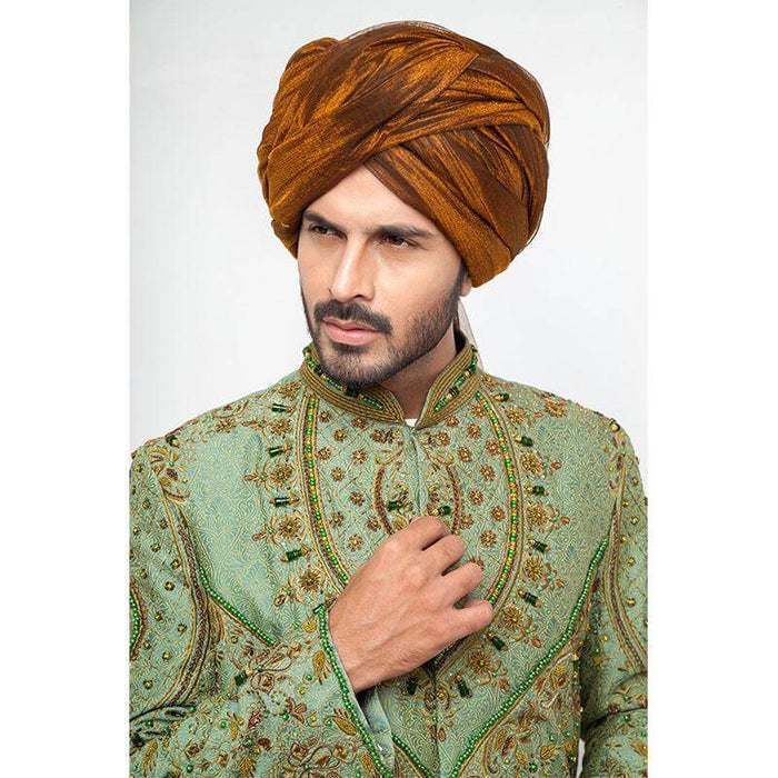 Dark Pistachio Green Jamavar Silk Sherwani with refined form-fitted design