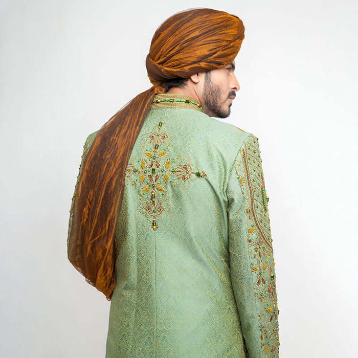 Dark Pistachio Green Jamavar Silk Sherwani with refined form-fitted design