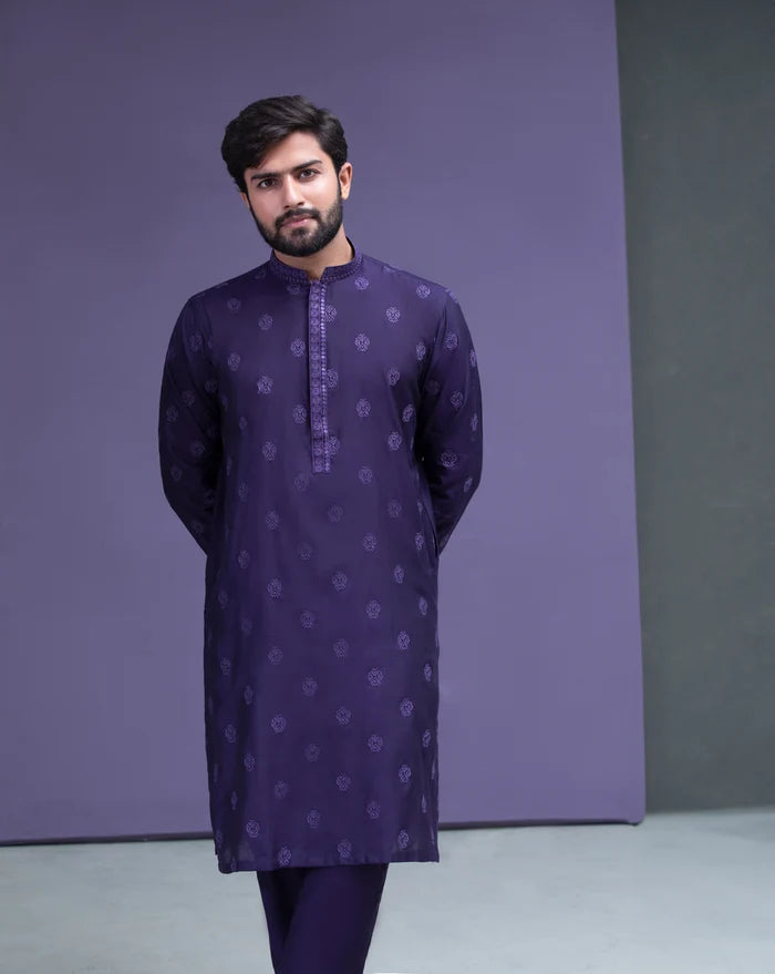 Dark Purple motif spread embroidered Kurta pyjama