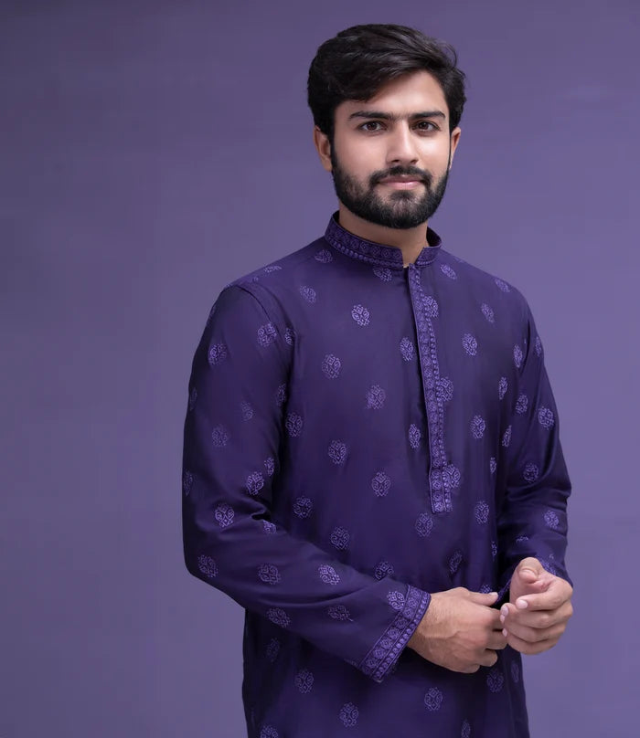 Dark Purple motif spread embroidered Kurta pyjama