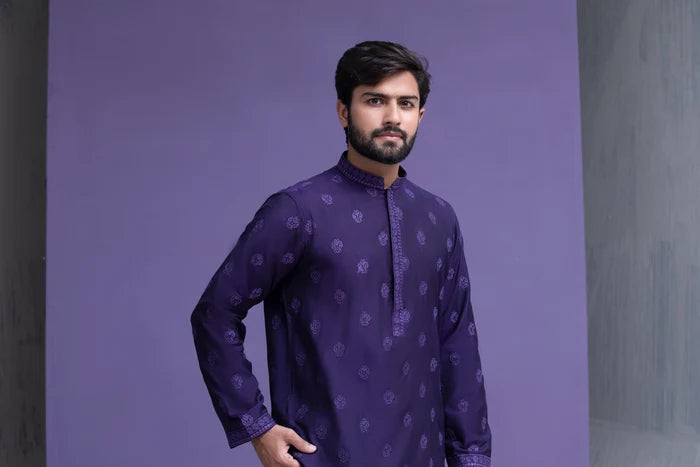 Dark Purple motif spread embroidered Kurta pyjama