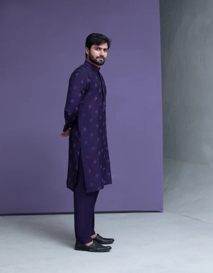 Dark Purple motif spread embroidered Kurta pyjama