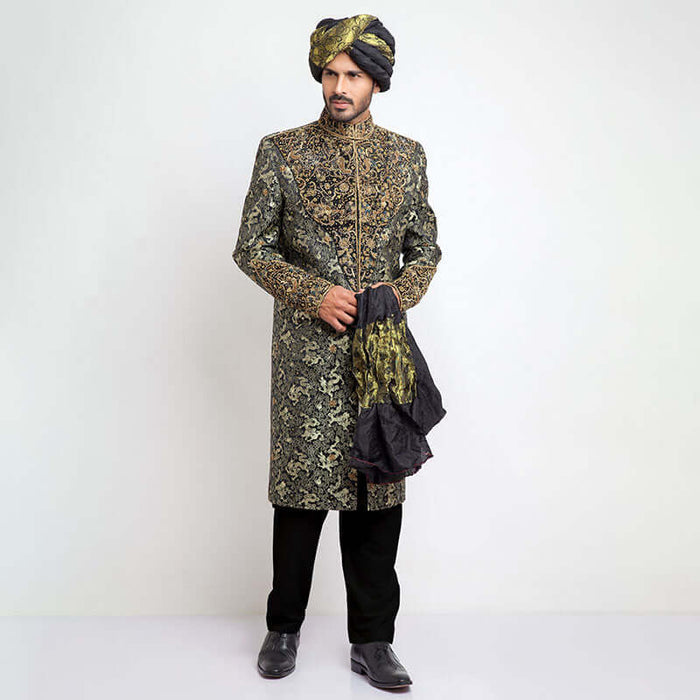 Deep Green Dragon Brocade Form-Fitted Sherwani with intricate dragon motifs