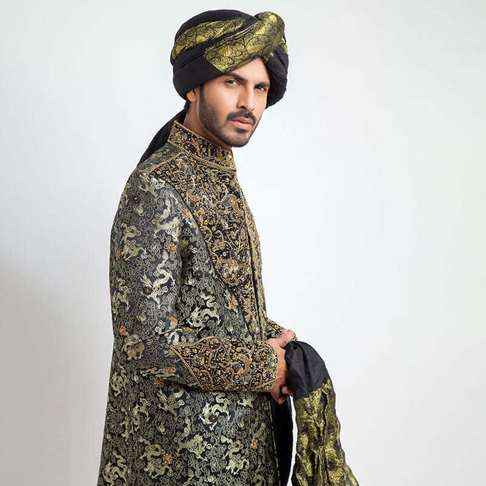 Deep Green Dragon Brocade Form-Fitted Sherwani with intricate dragon motifs