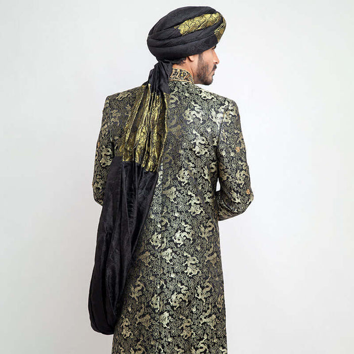 Deep Green Dragon Brocade Form-Fitted Sherwani with intricate dragon motifs