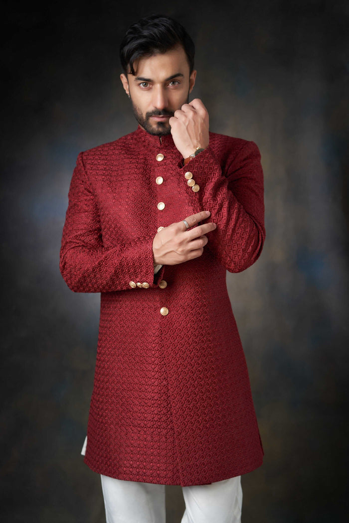 Deep Maroon Short Length Embroidered Sherwani, Luxury Wedding Wear.