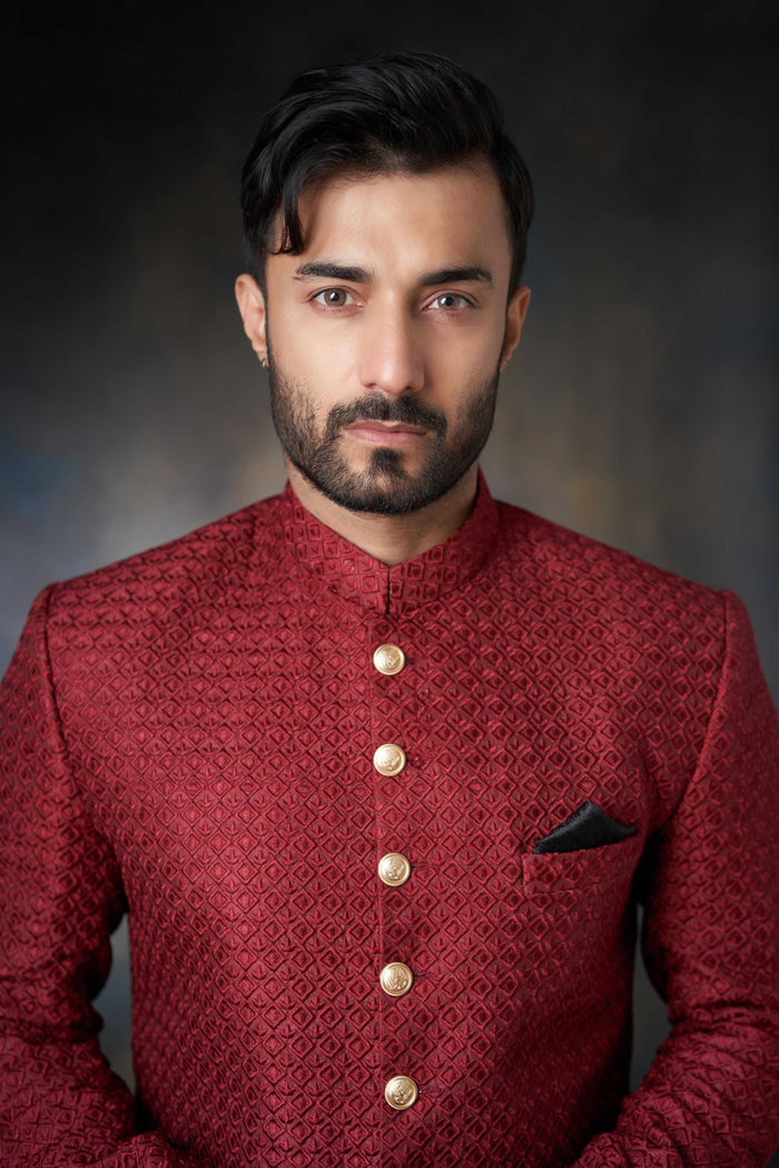 Deep Maroon Short Length Embroidered Sherwani, Luxury Wedding Wear.