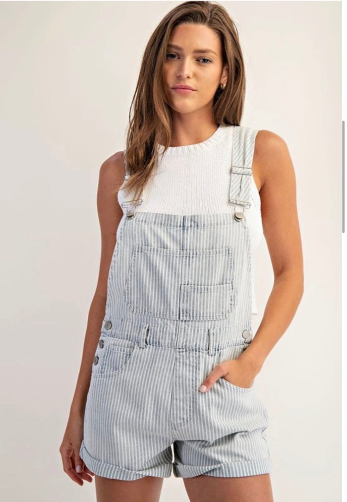 Denim Striped Shorts Overalls