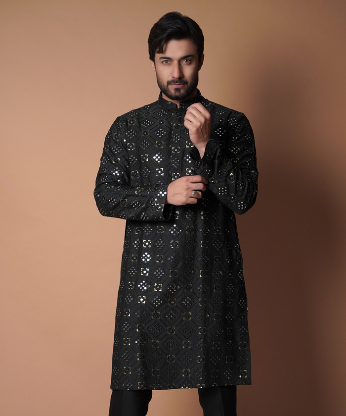 Dynamic 9mm - Jet black all resham and mirror work embroidered kurta set