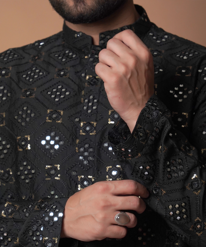 Dynamic 9mm - Jet black all resham and mirror work embroidered kurta set