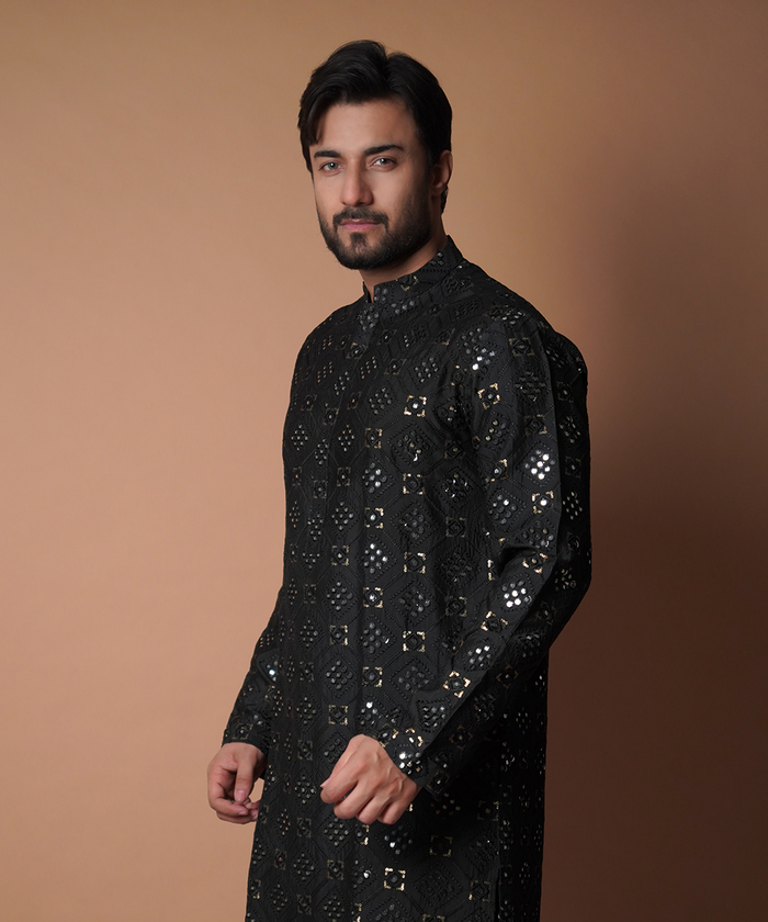 Dynamic 9mm - Jet black all resham and mirror work embroidered kurta set