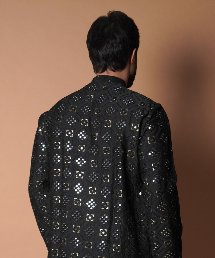 Dynamic 9mm - Jet black all resham and mirror work embroidered kurta set