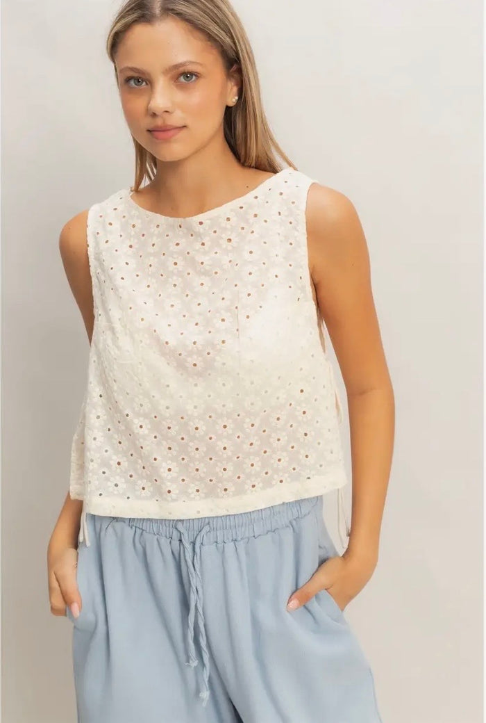 Embroidered Floral Side Tie Top