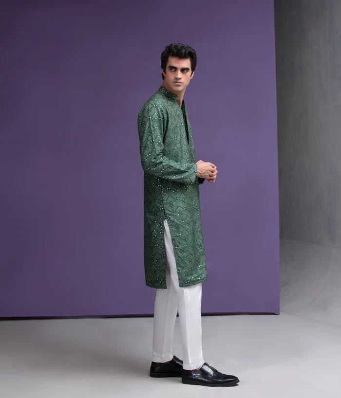 Emerald green & Gold cotton jacquard kurta set