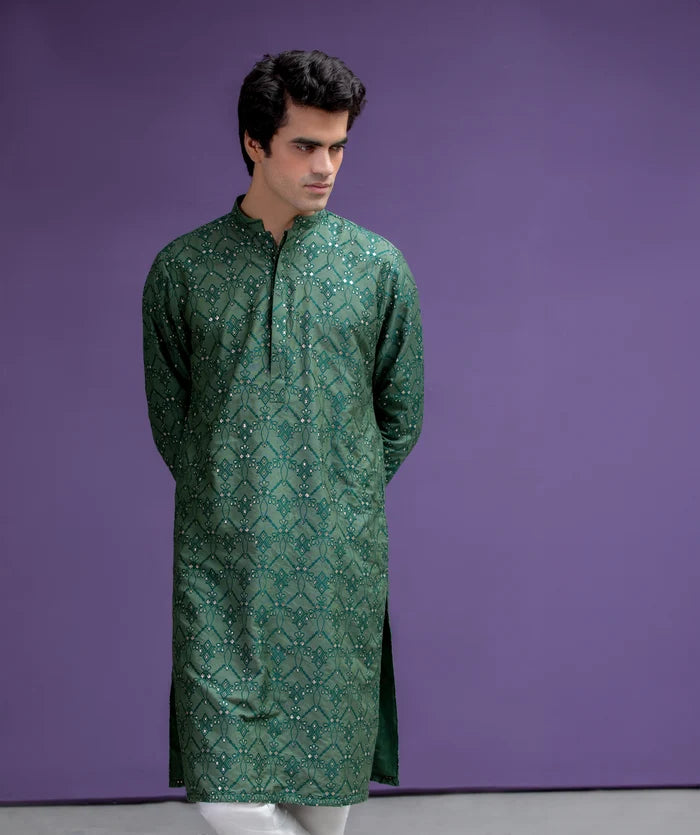Emerald green & Gold cotton jacquard kurta set