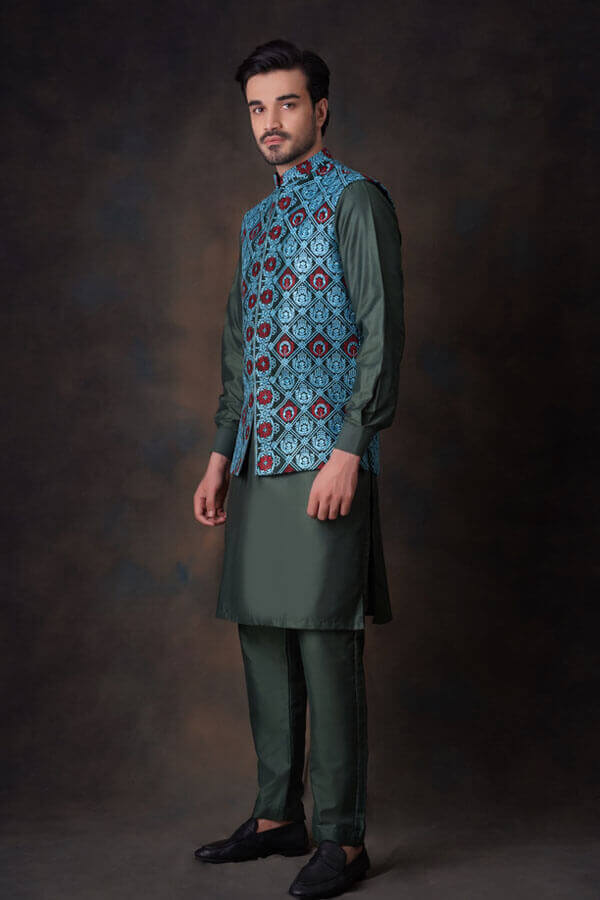 Emerald Green Multi Color  Waistcoat For Men