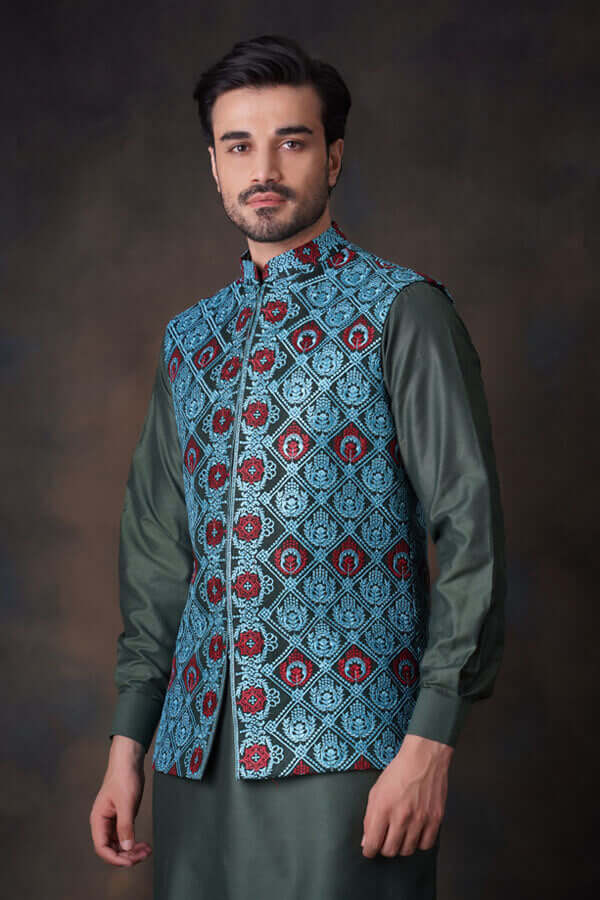 Emerald Green Multi Color  Waistcoat For Men