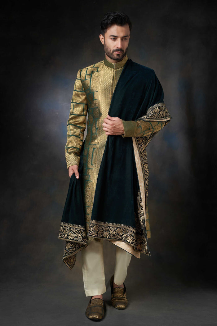 Emerald Green Sherwani with Velvet Shawl - Silk and Zari Handcrafted, Elegant Wedding Attire.