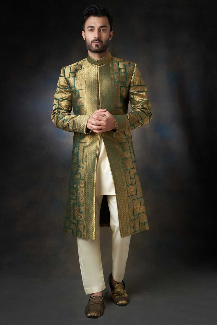 Emerald Green Sherwani with Velvet Shawl - Silk and Zari Handcrafted, Elegant Wedding Attire.