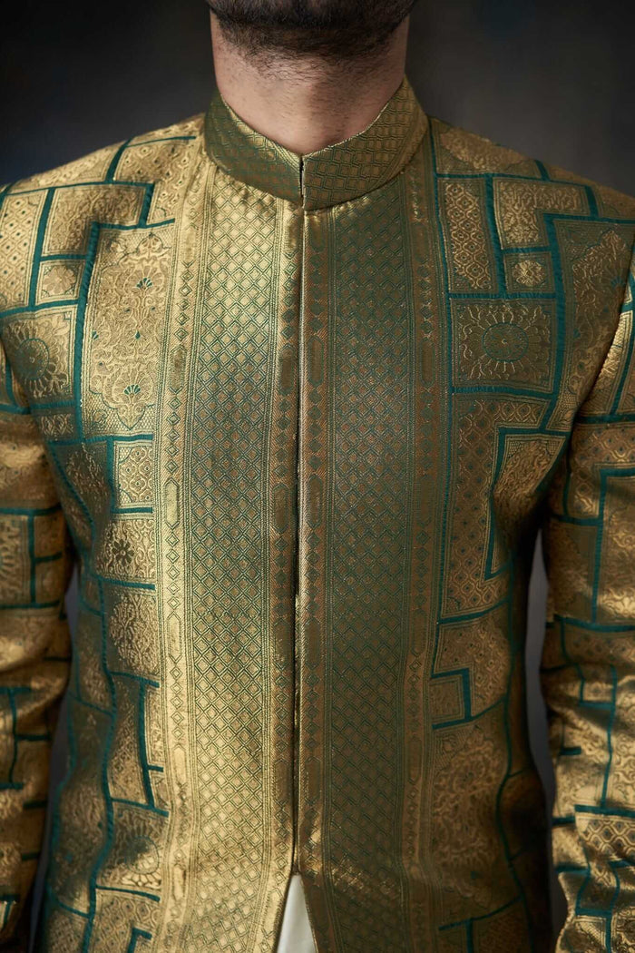 Emerald Green Sherwani with Velvet Shawl - Silk and Zari Handcrafted, Elegant Wedding Attire.