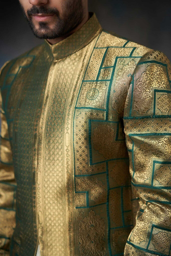 Emerald Green Sherwani with Velvet Shawl - Silk and Zari Handcrafted, Elegant Wedding Attire.