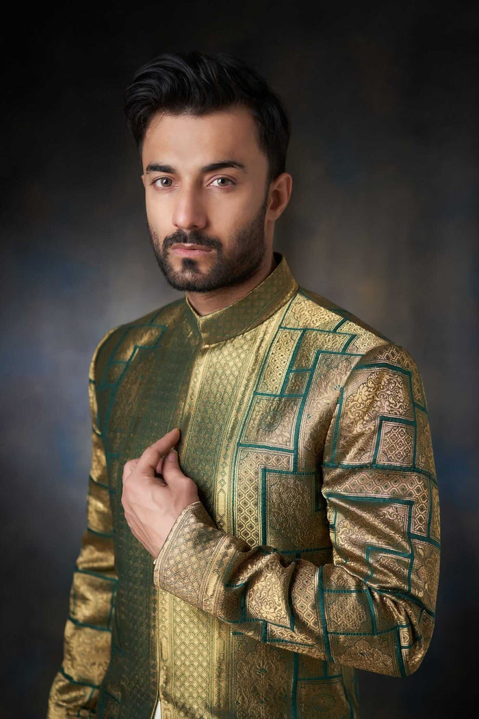 Emerald Green Sherwani with Velvet Shawl - Silk and Zari Handcrafted, Elegant Wedding Attire.
