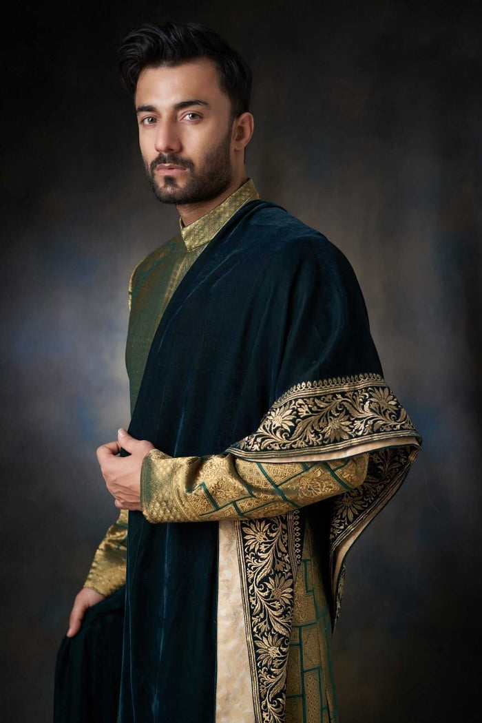 Emerald Green Sherwani with Velvet Shawl - Silk and Zari Handcrafted, Elegant Wedding Attire.