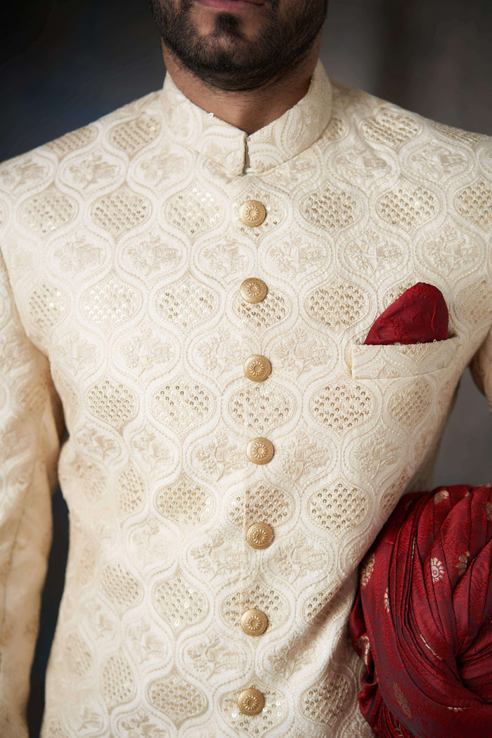 Fawn & Gold Rawsilk Sherwani with Sequins, Elegant Wedding Attire.