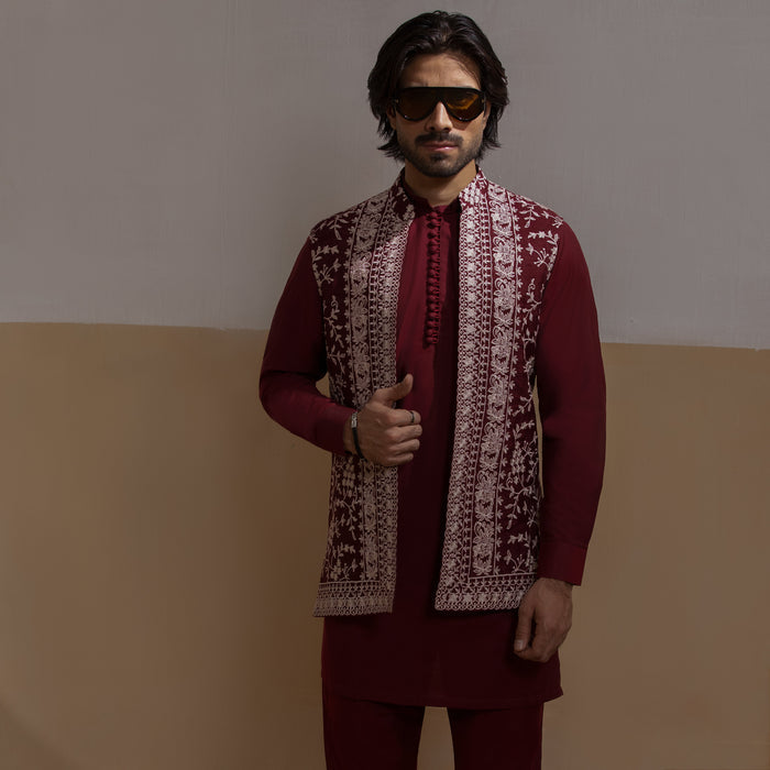 Fidaa - Dark Maroon Front Open Waistcoat with IronEZ Kurta & Pyjama