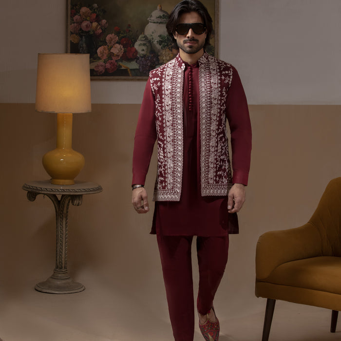 Fidaa - Dark Maroon Front Open Waistcoat with IronEZ Kurta & Pyjama