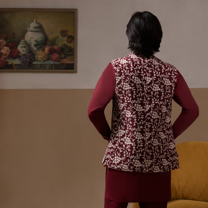 Fidaa - Dark Maroon Front Open Waistcoat with IronEZ Kurta & Pyjama