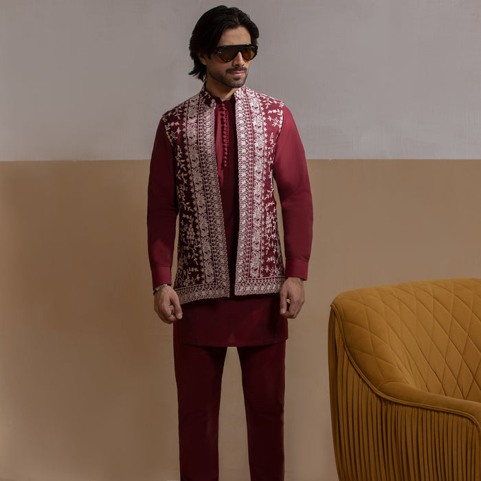 Fidaa - Dark Maroon Front Open Waistcoat with IronEZ Kurta & Pyjama