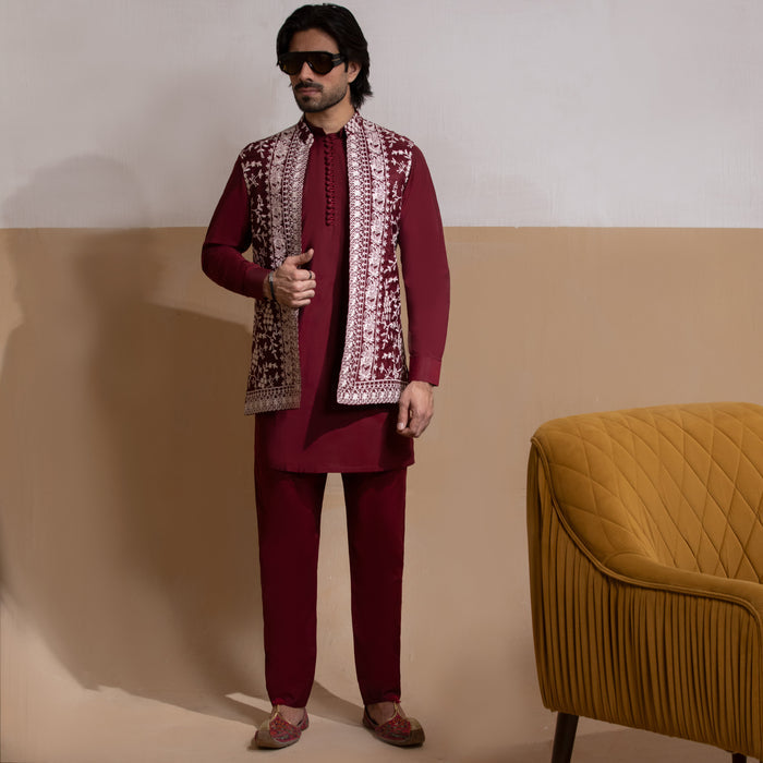 Fidaa - Dark Maroon Front Open Waistcoat with IronEZ Kurta & Pyjama