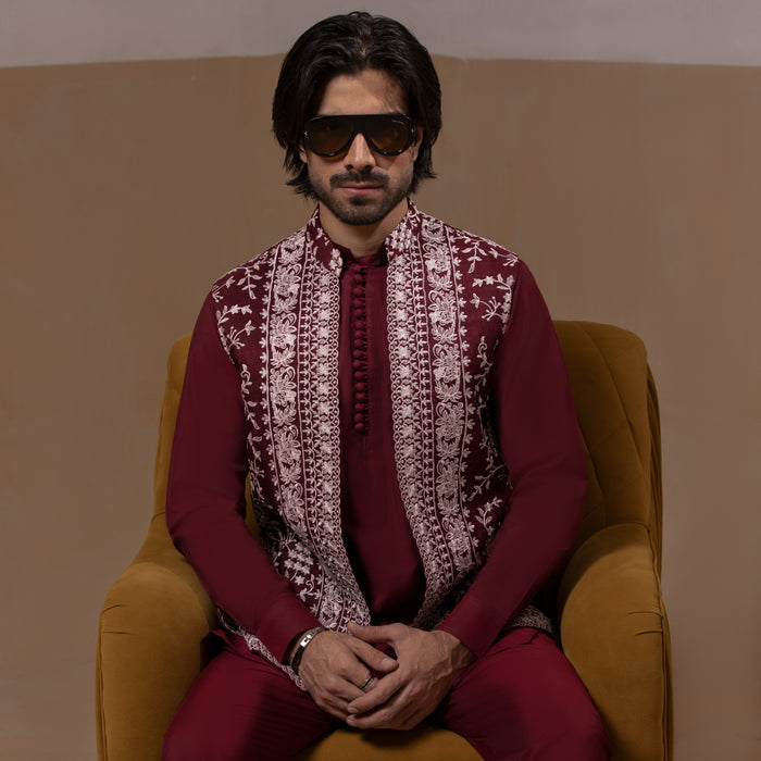 Fidaa - Dark Maroon Front Open Waistcoat with IronEZ Kurta & Pyjama