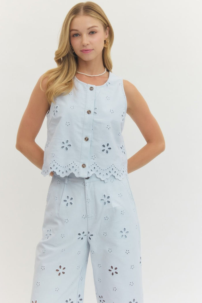 Floral Eyelet Denim Top