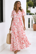 Floral Tiered Maxi Dress Red White Lightweight V-Neck Summer Dress