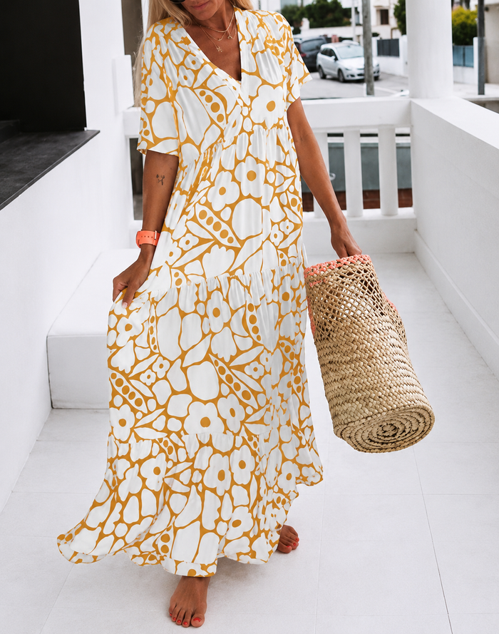 Floral Tiered Maxi Dress Red White Lightweight V-Neck Summer Dress