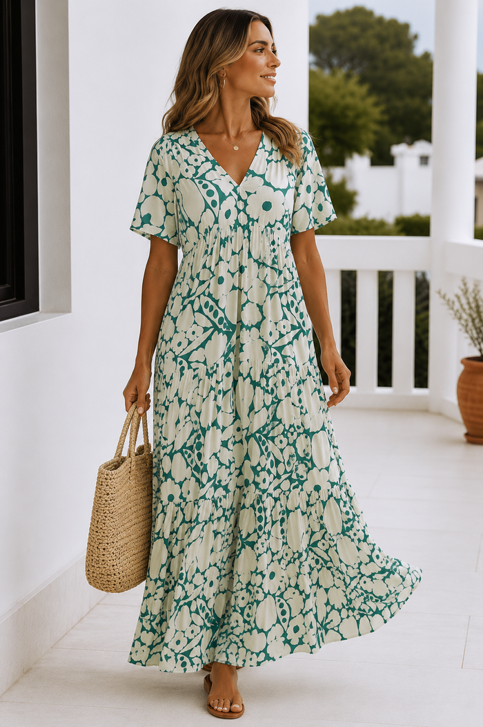 Floral Tiered Maxi Dress Red White Lightweight V-Neck Summer Dress