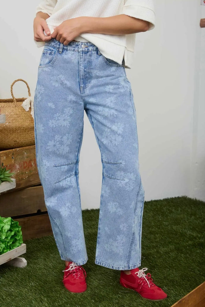 Floral Washed Barrel Jeans