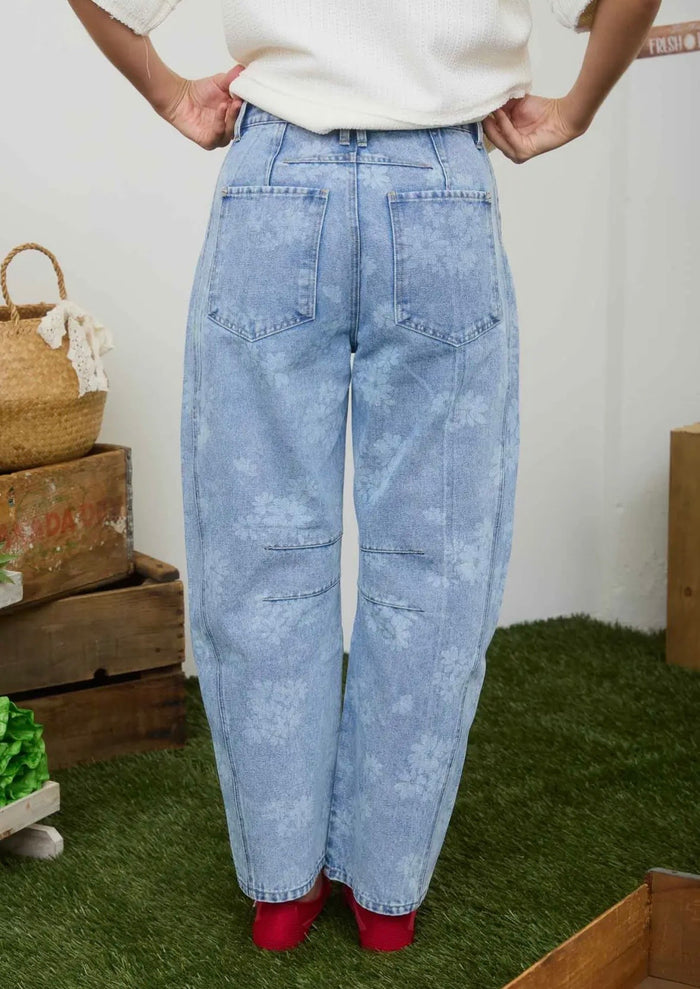 Floral Washed Barrel Jeans