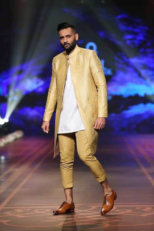 Full Gold Handwoven Silk Sherwani – Minimalist Luxury BCW - 016