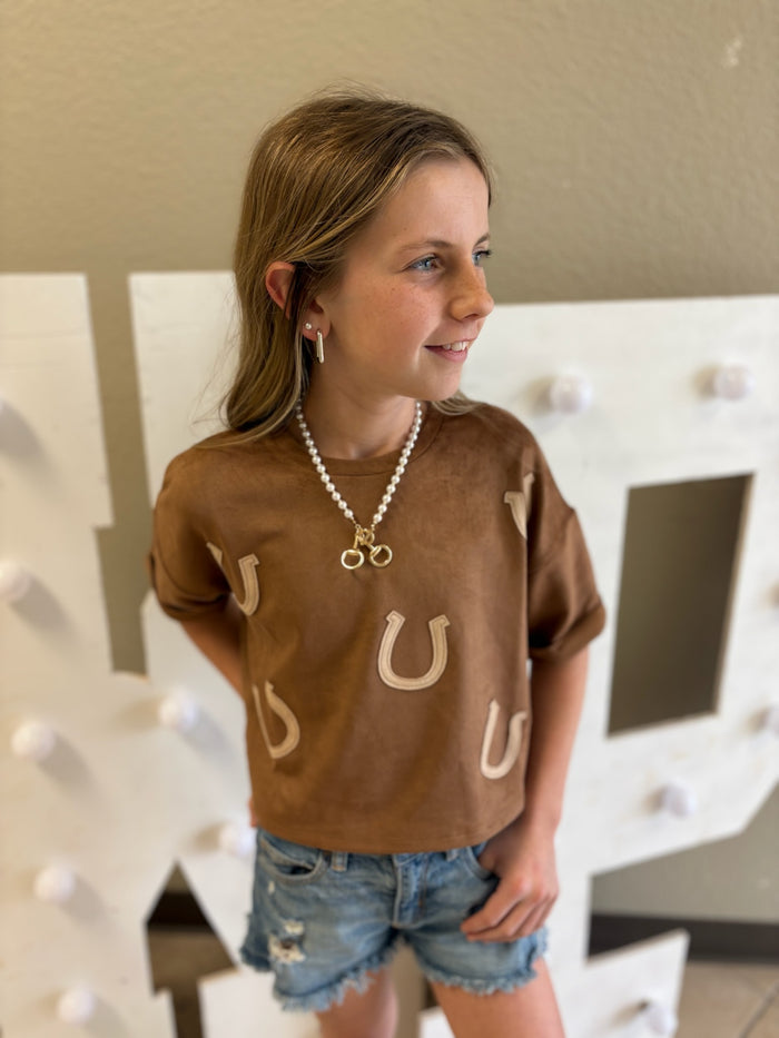 Girls Horseshoe Patch Suede Top