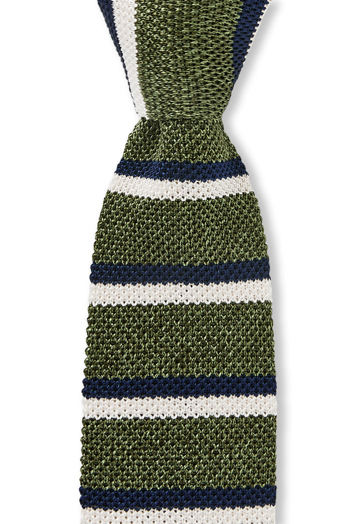 Green & Cream Stripe Knitted Silk Tie