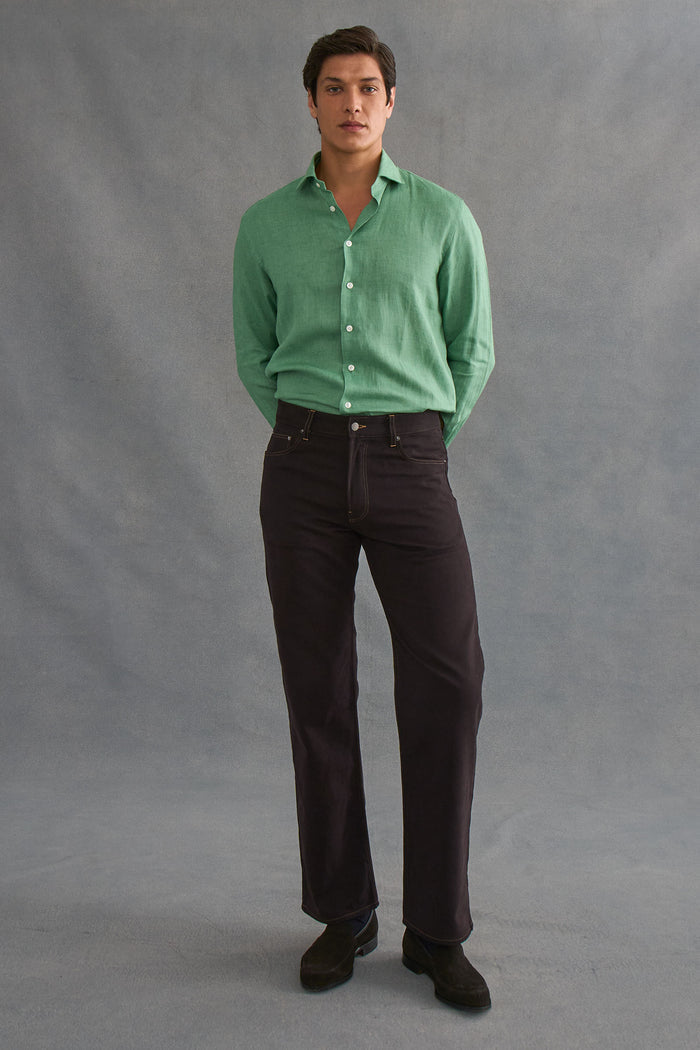 Green Cutaway Collar Standard Fit Single Cuff Linen Shirt