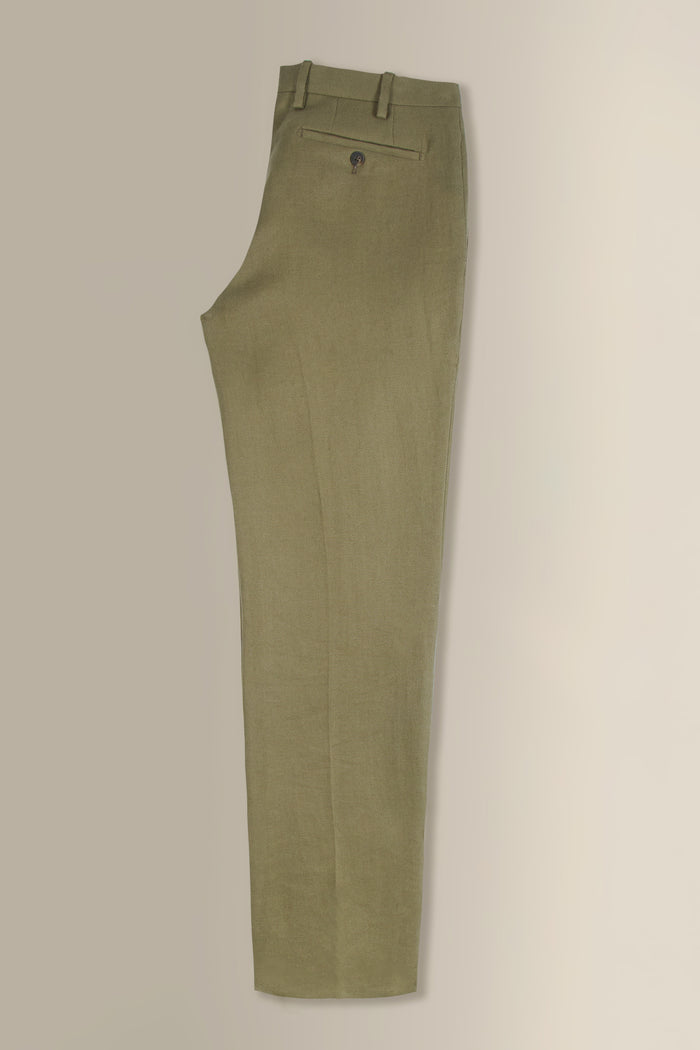 Green Flat Front Linen Twill Trousers