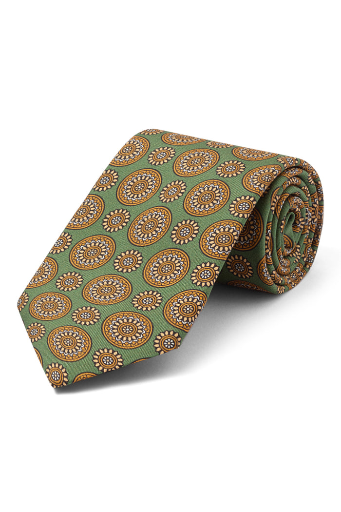 Green Floral Medallion Print Silk Tie