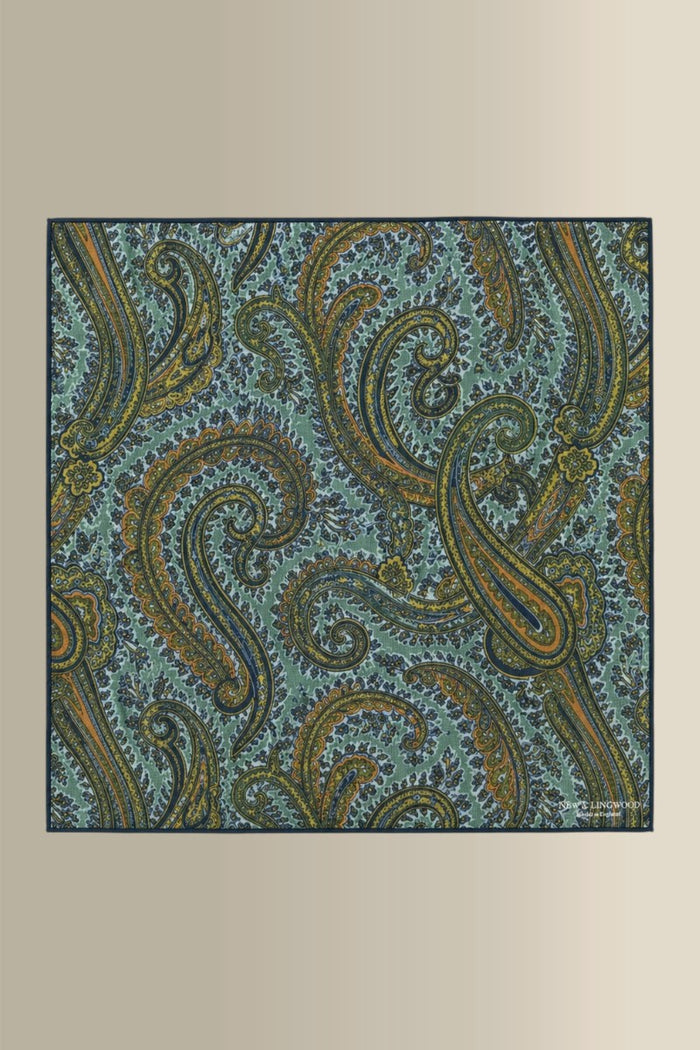 Green Paisley Cotton & Cashmere Pocket Square