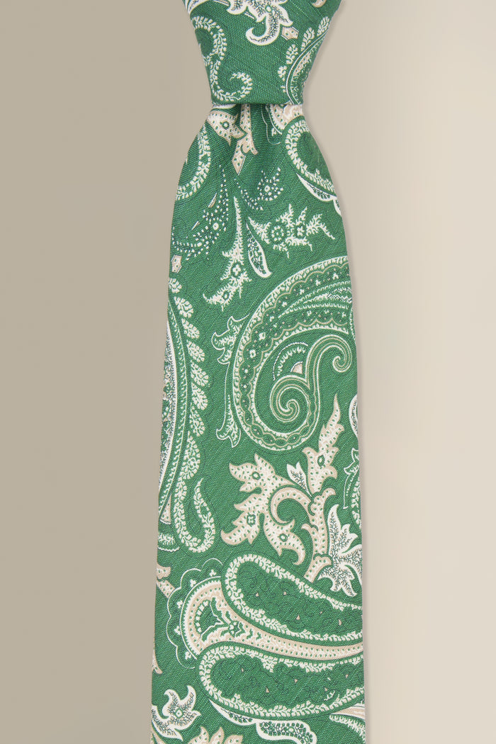 Green Paisley Printed Linen & Silk Tie