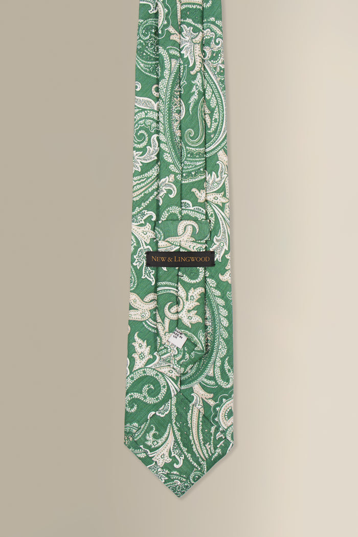 Green Paisley Printed Linen & Silk Tie