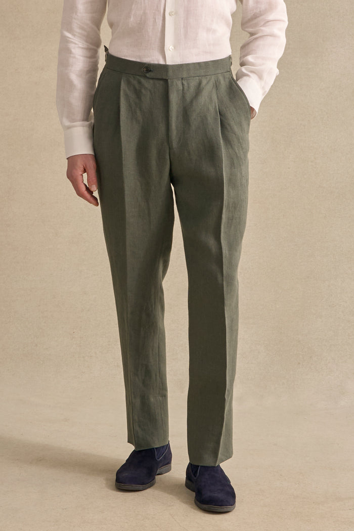 Green Single Pleat Linen Trousers